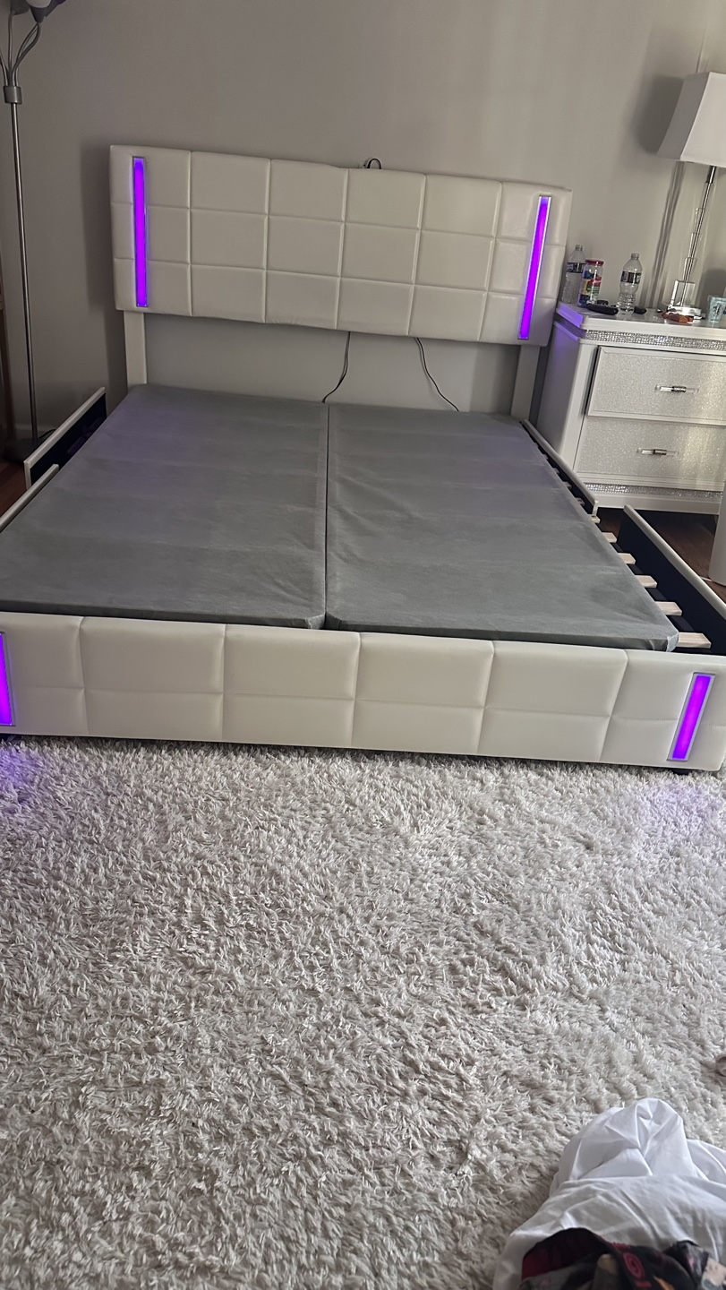 White Queen Size Bed Frame with LED Lights and Storage - photo 2