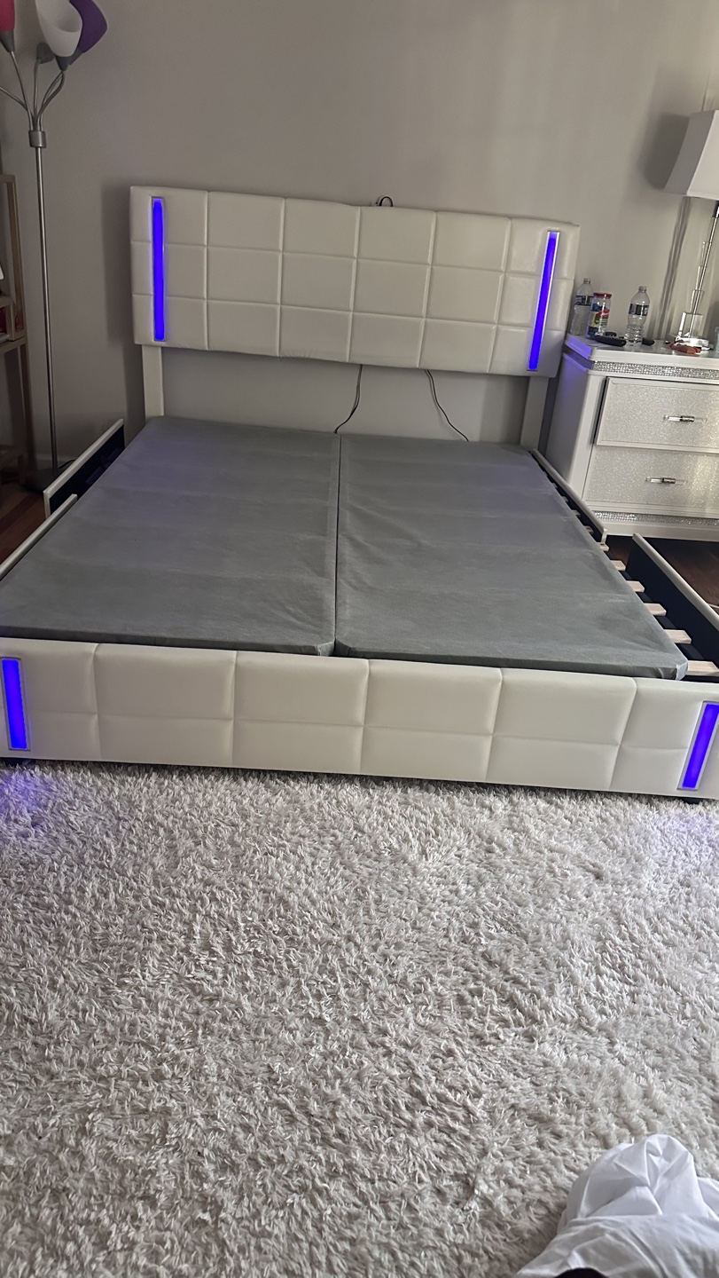 White Queen Size Bed Frame with LED Lights and Storage - photo 5