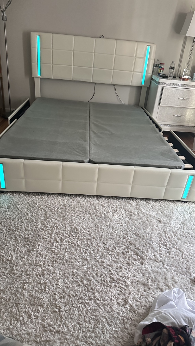 White Queen Size Bed Frame with LED Lights and Storage - photo 4