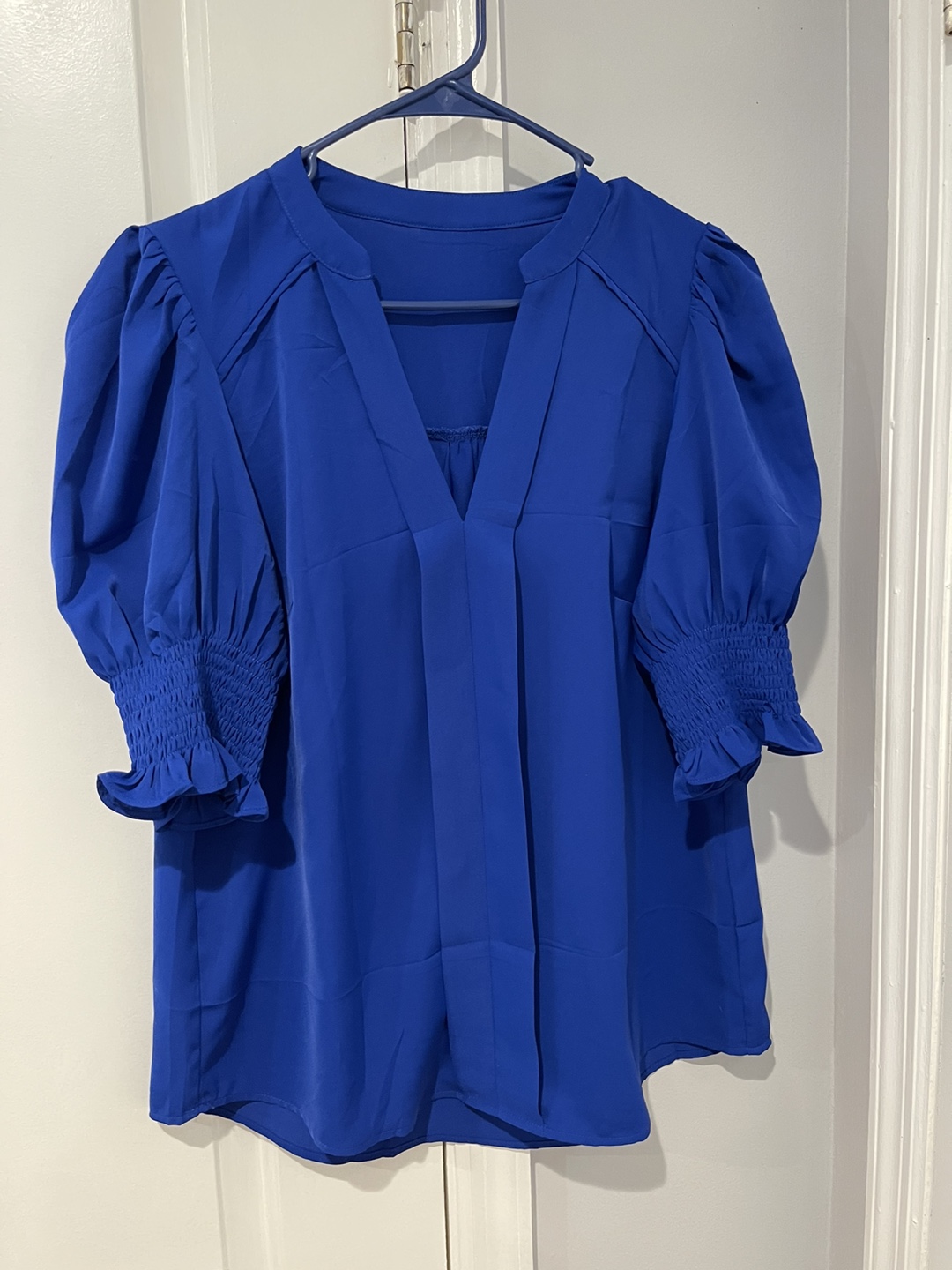 Blue V-Neck Puff Sleeve Blouse Size M