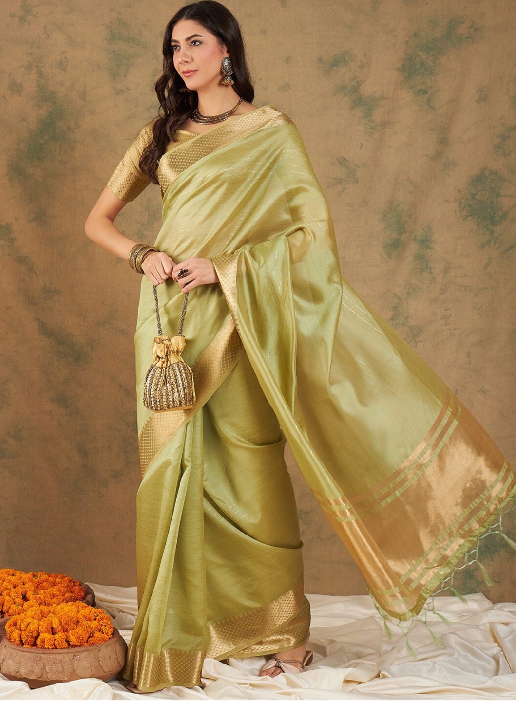 Green and Gold Organza Silk Saree