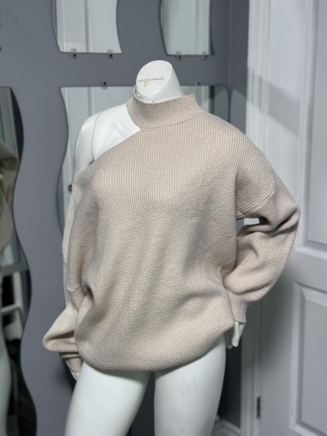 Cream Cold Shoulder Oversized Sweater (Medium-Large) - photo 3