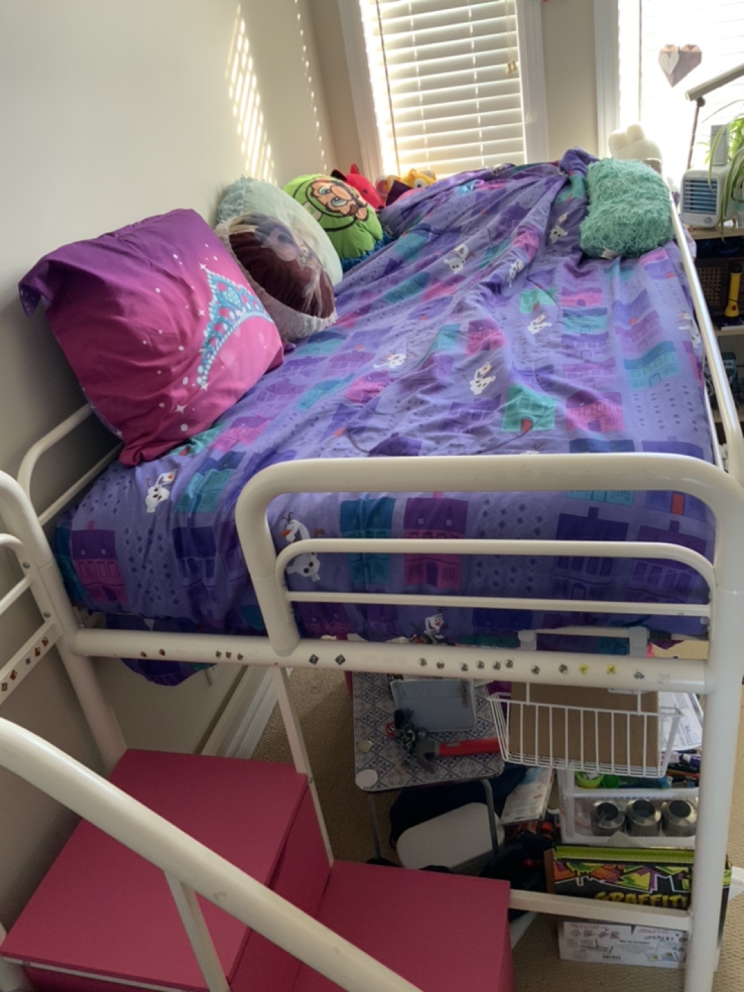 White Metal Loft Bed with Storage