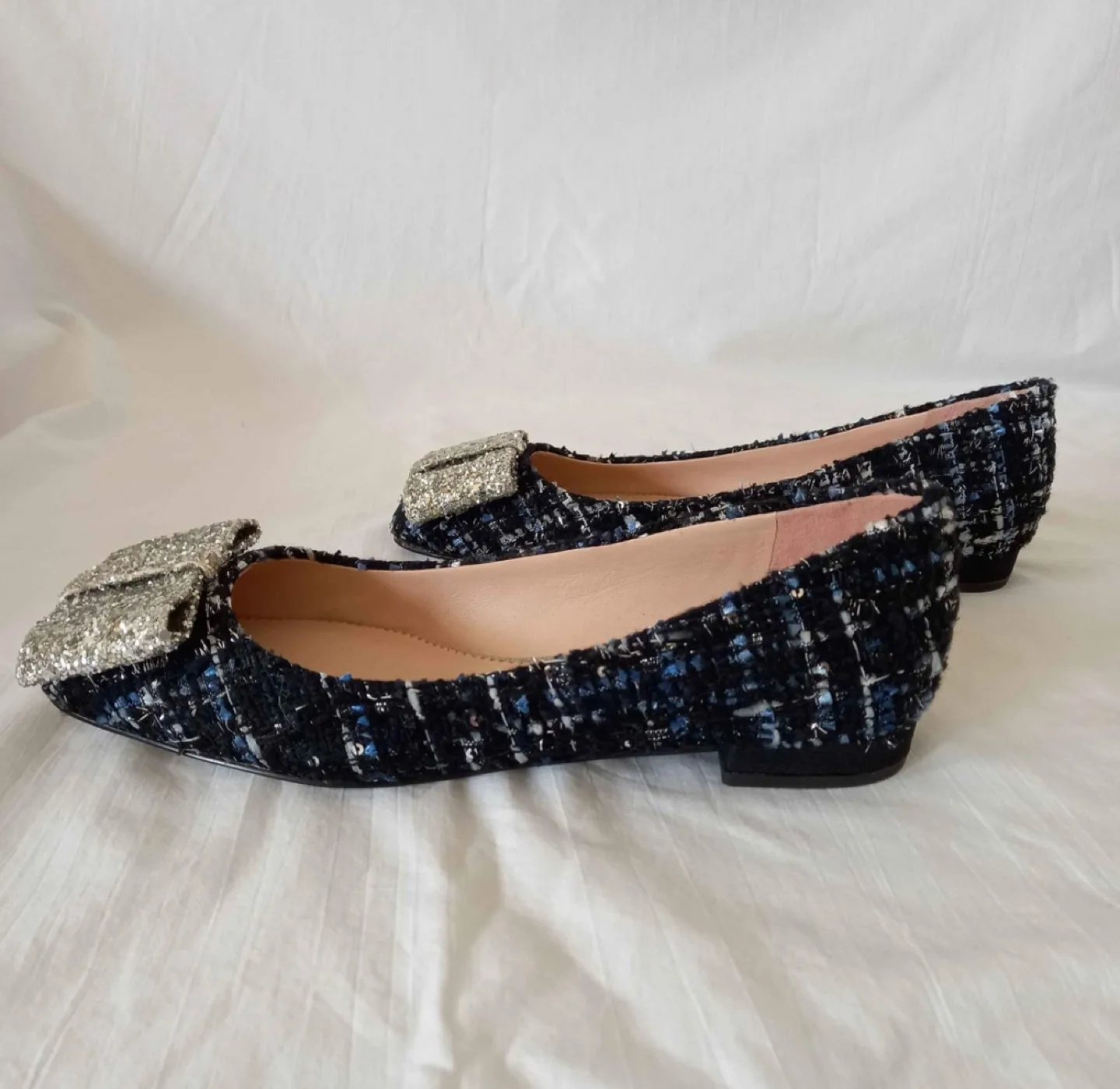 Brand New - J Crew Blue & Black Tweed Glitter Bow Flats image indicator(3)