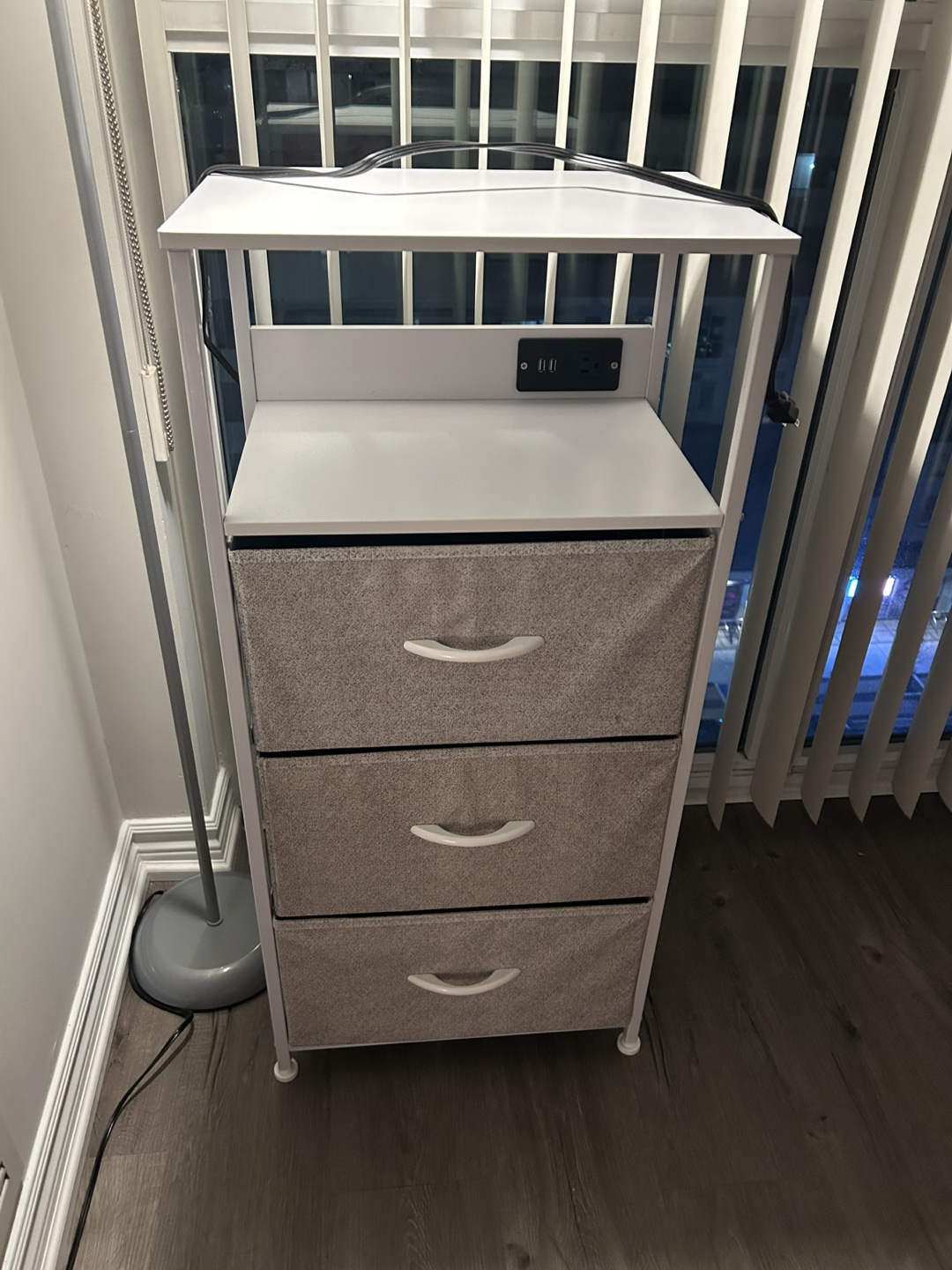 White 3 Drawer Storage Organizer with Shelf and Outlets