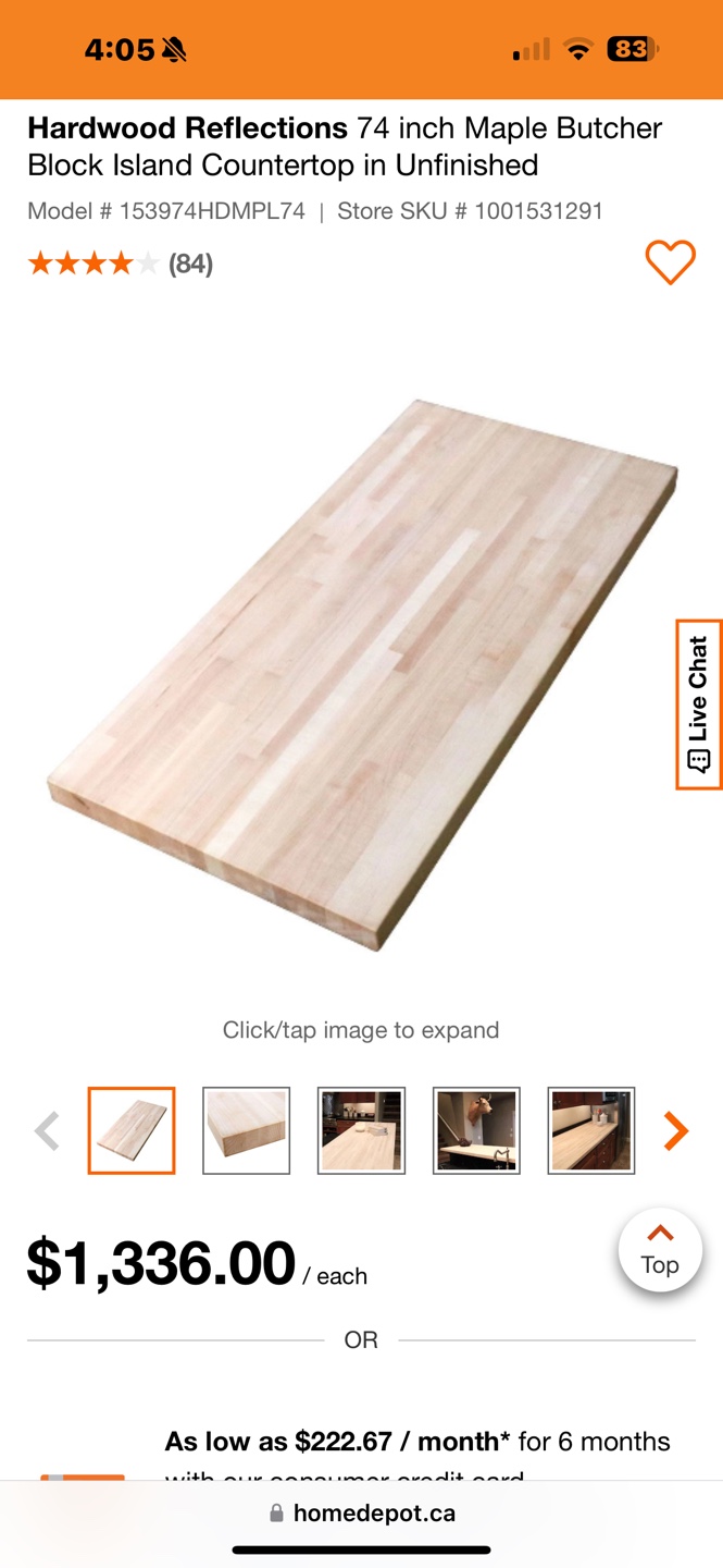 Maple Butcher Block Island Countertop in Unfinished