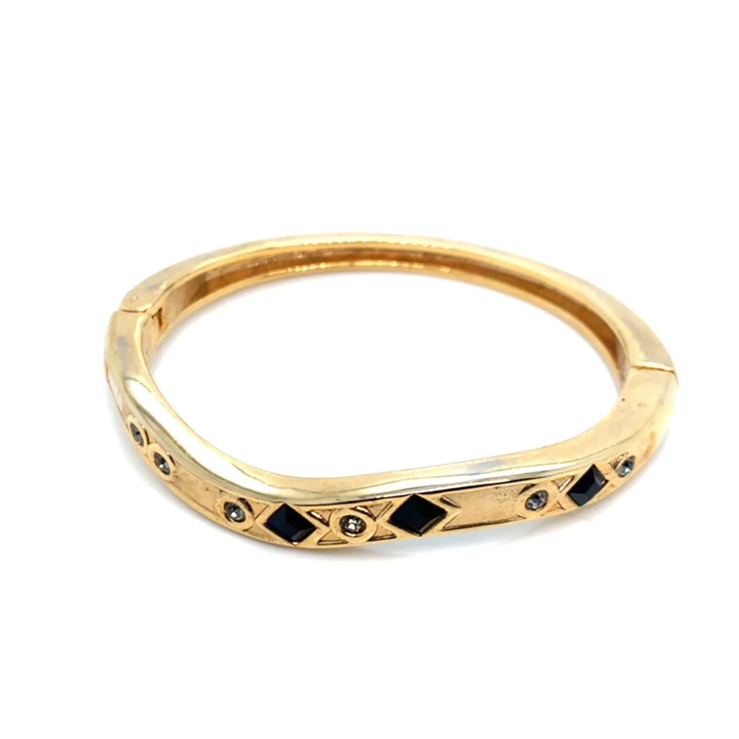 Gold Tone Black & Clear Rhinestone Hinged Bangle Bracelet image indicator(2)