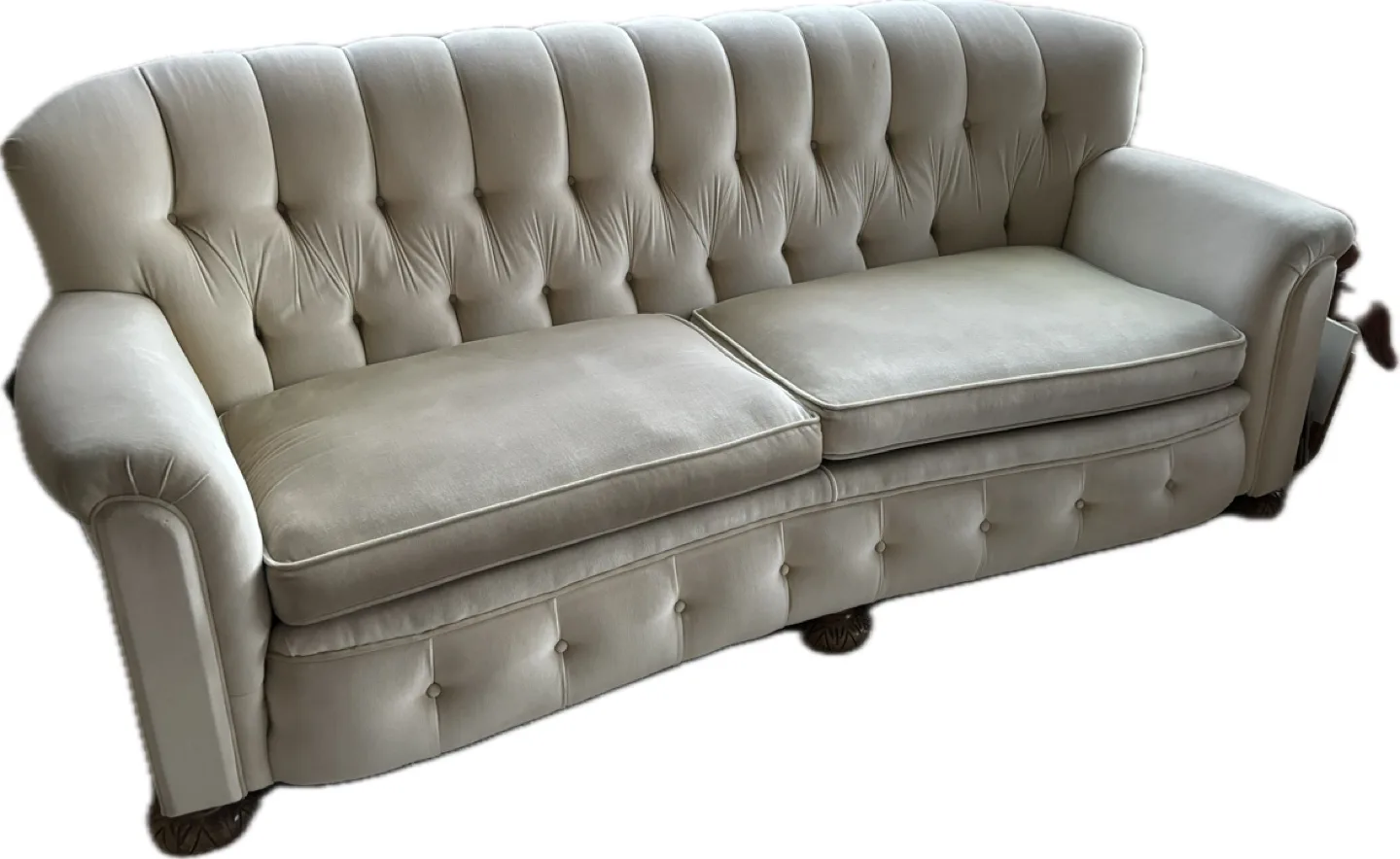 Vintage Upholstered White Velvet Sofa and two Armchairs thumbnail