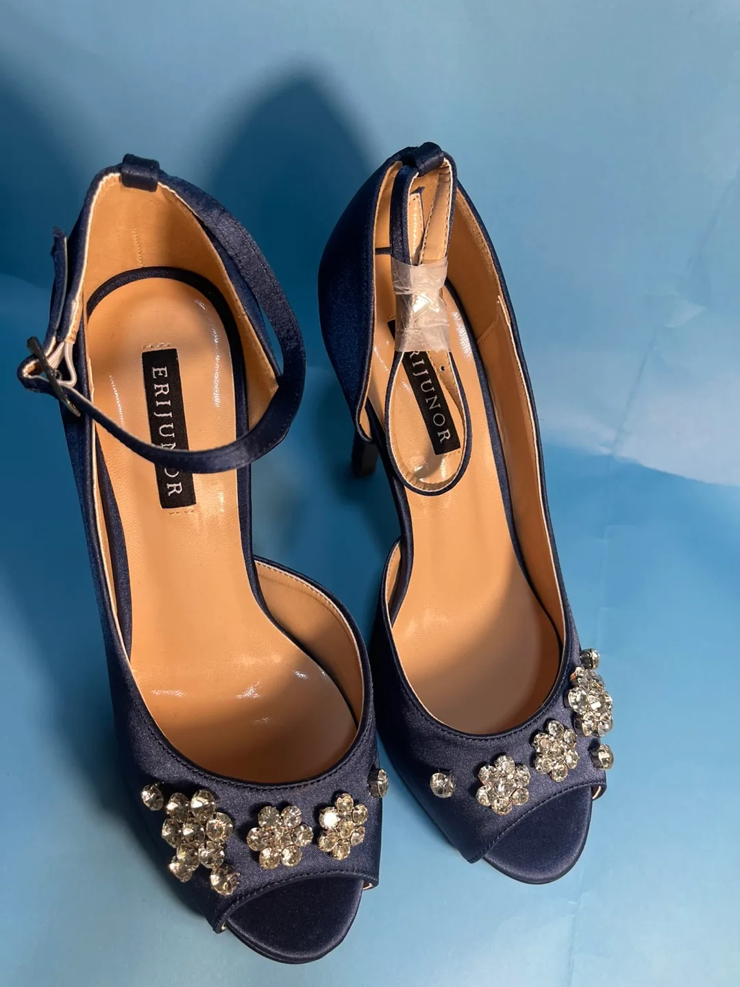 Navy Blue Satin Peep Toe Platform High Heel Rhinestone Sandals thumbnail