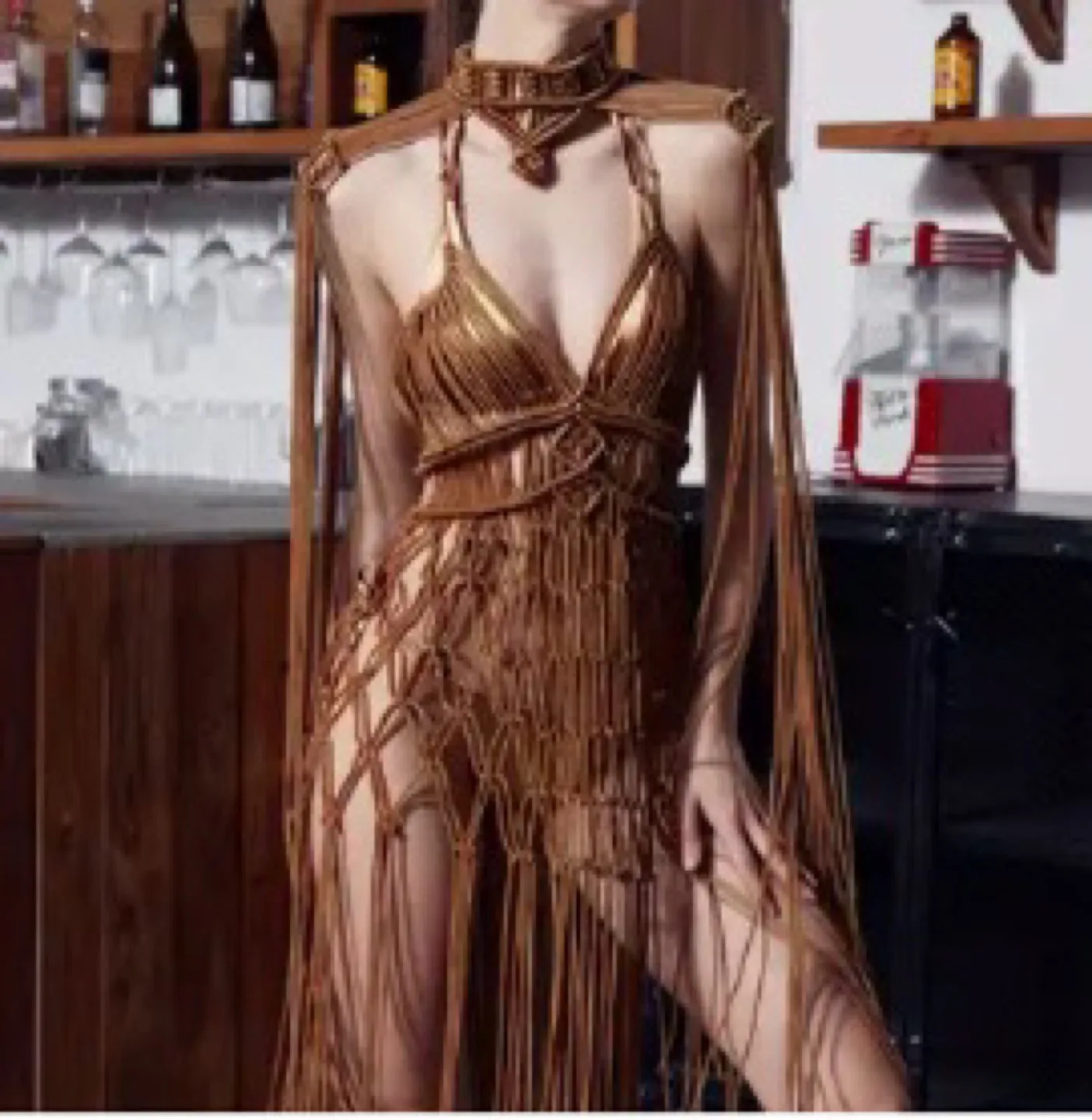 Metallic Brown Macrame Dress with Fringe image indicator(2)