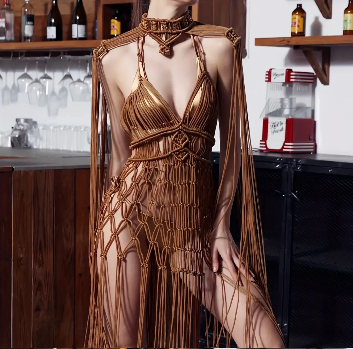 Metallic Brown Macrame Dress with Fringe image indicator(7)