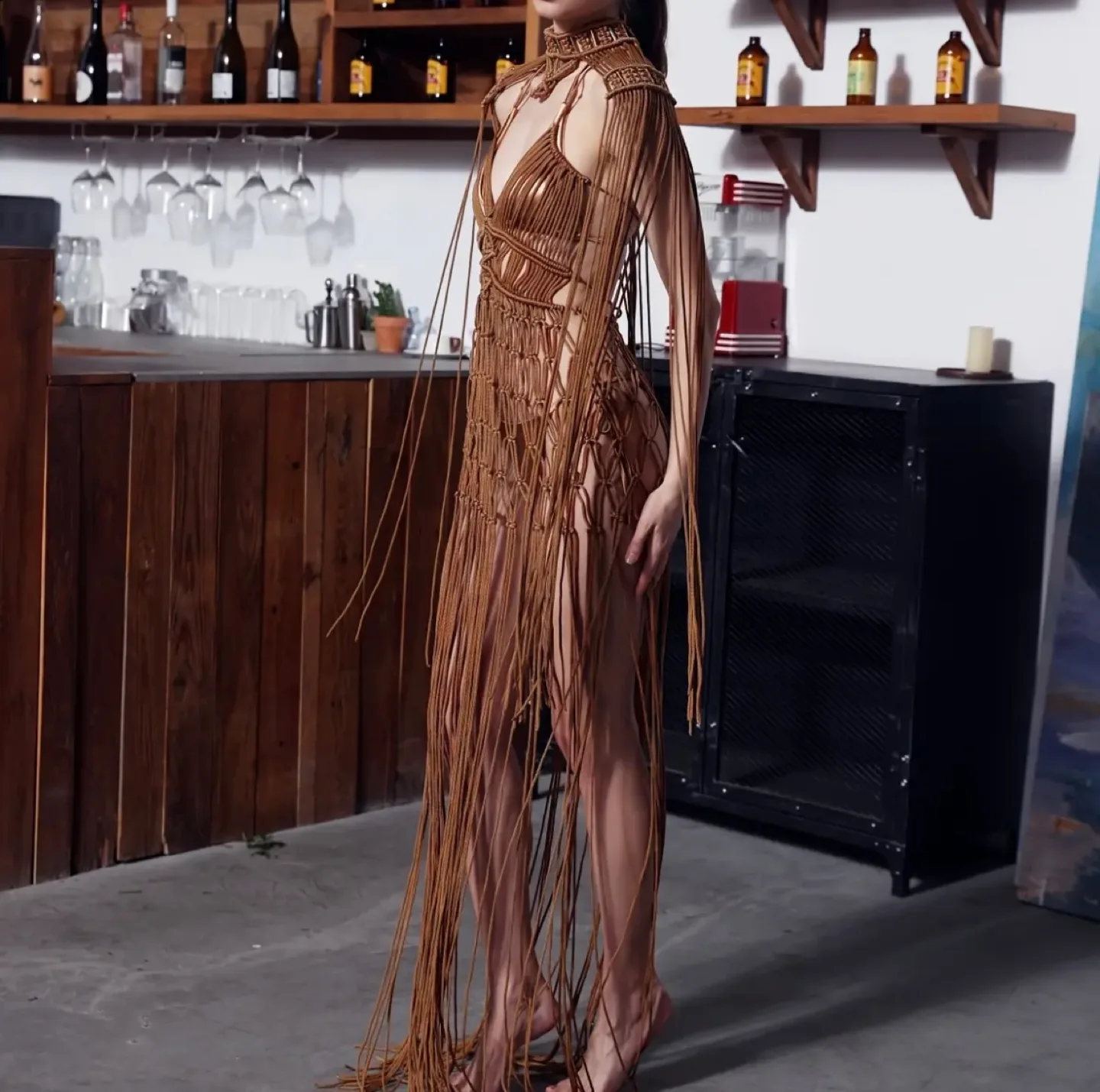 Metallic Brown Macrame Dress with Fringe image indicator(8)
