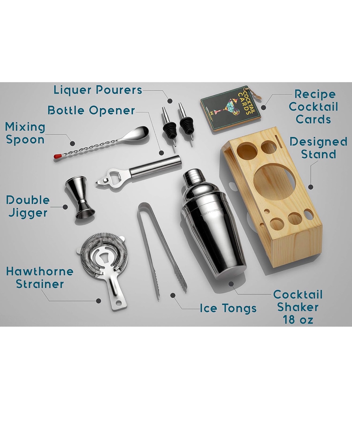 Cocktail Shaker Set with Stand & Recipes