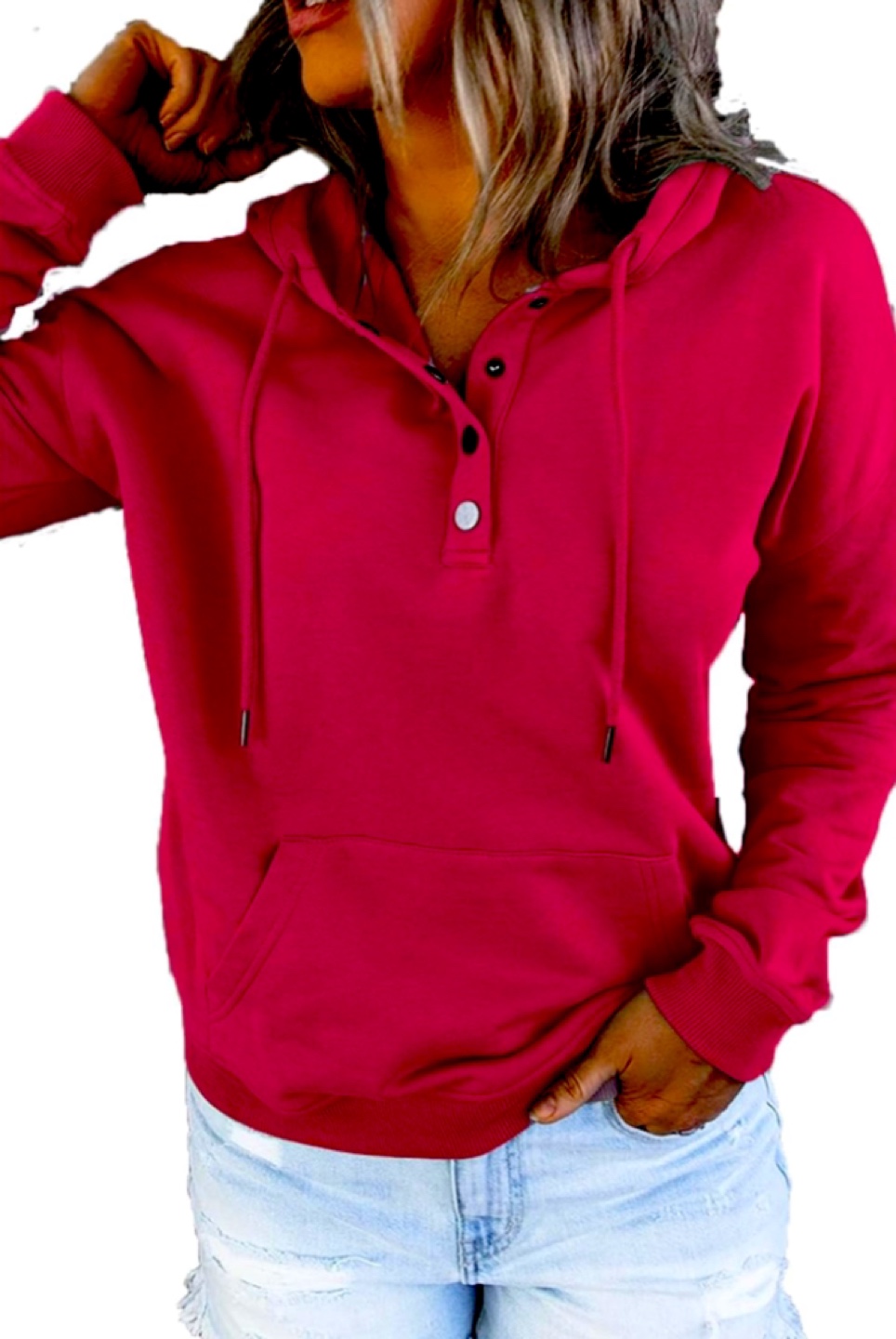 NEW! Women's Red Button Up Drawstring Hoodie - photo 4