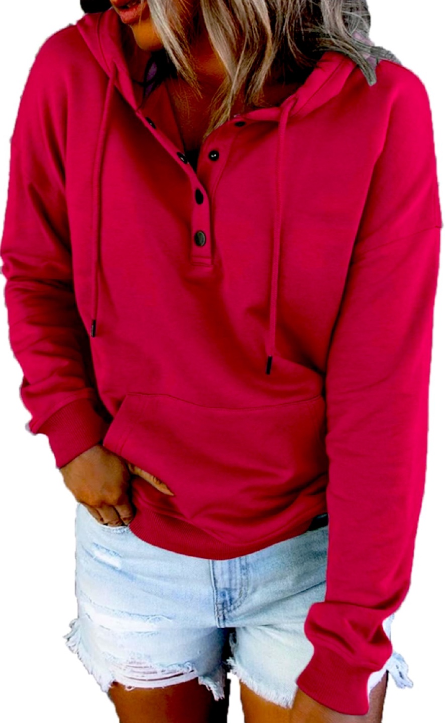 NEW! Women's Red Button Up Drawstring Hoodie - photo 3