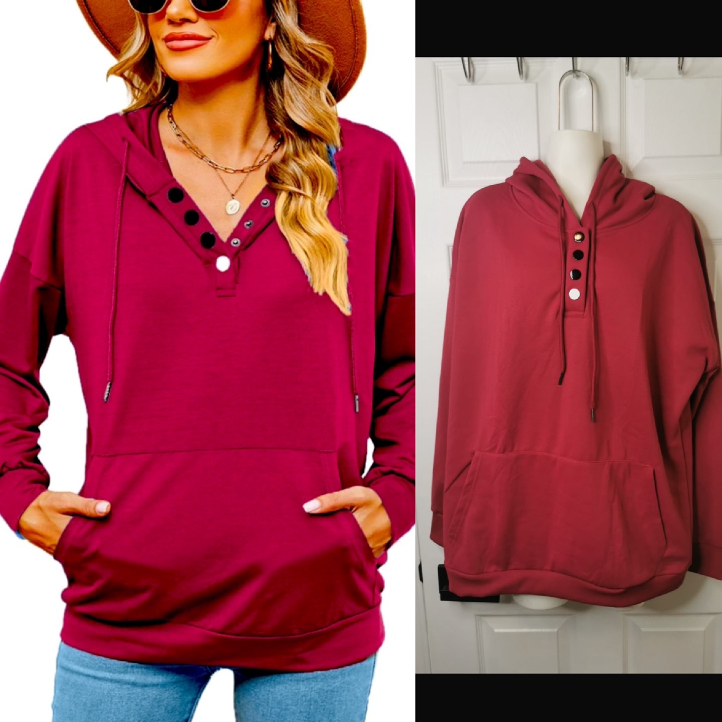 NEW! Women's Red Button Up Drawstring Hoodie