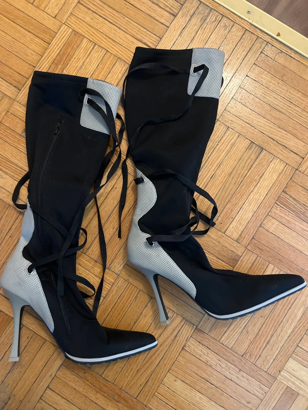 Black and White Knee High Heeled Boots image indicator(2)