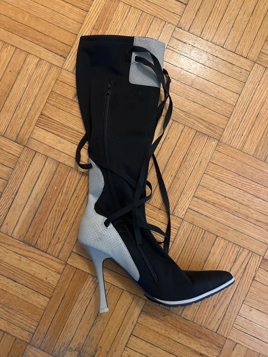 Black and White Knee High Heeled Boots thumbnail