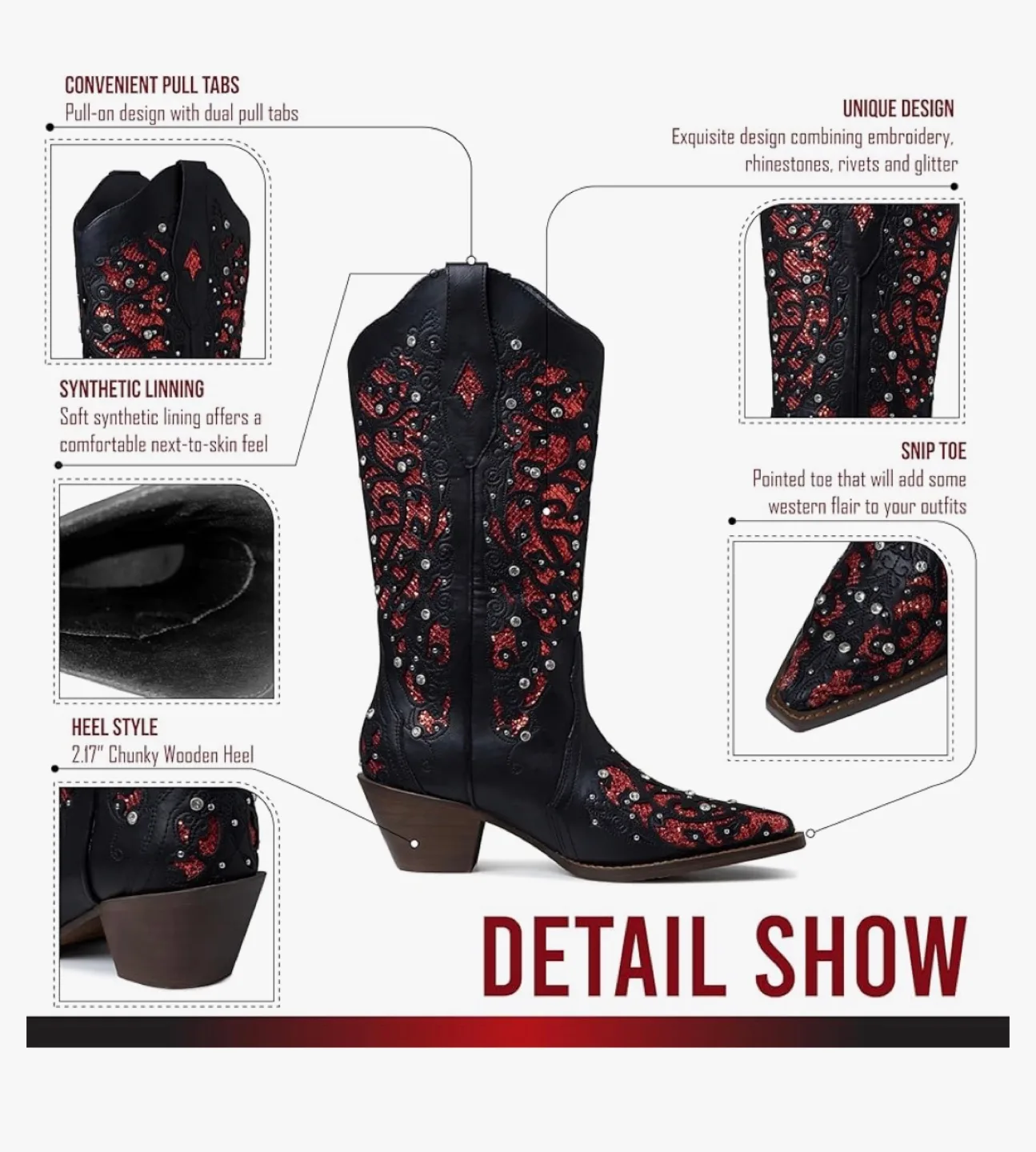 Women’s Rhinestone Western Cowgirl boots sz 8 & 9 (black/red) image indicator(3)