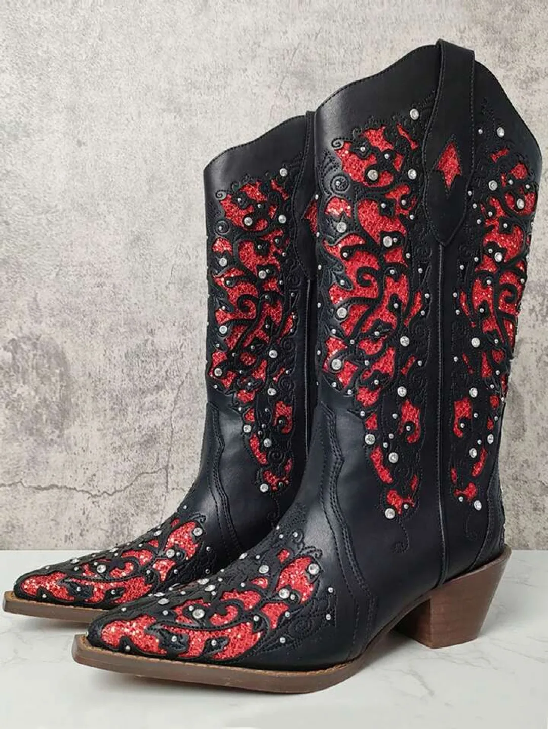 Women’s Rhinestone Western Cowgirl boots sz 8 & 9 (black/red) image indicator(2)