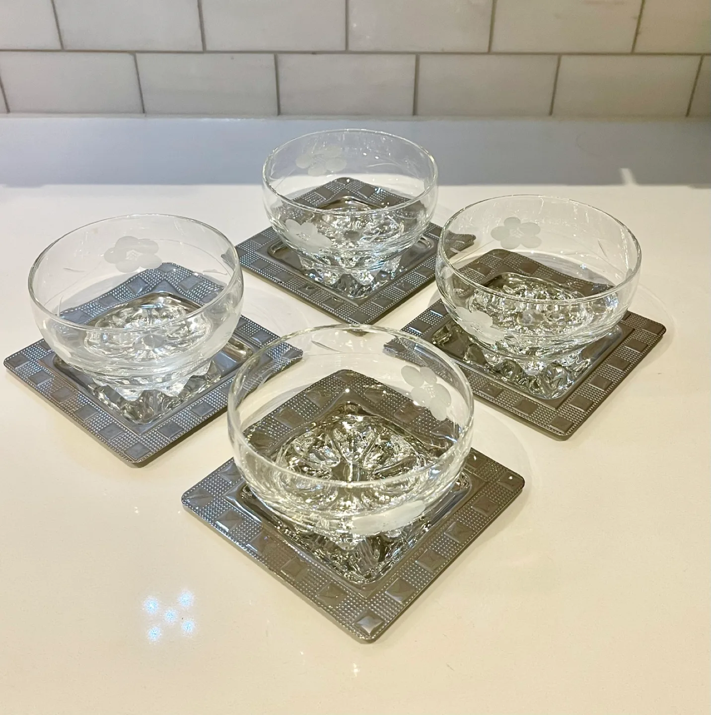 Set of  10 Vintage Glass Serving Bowls with Silver Trays image indicator(3)