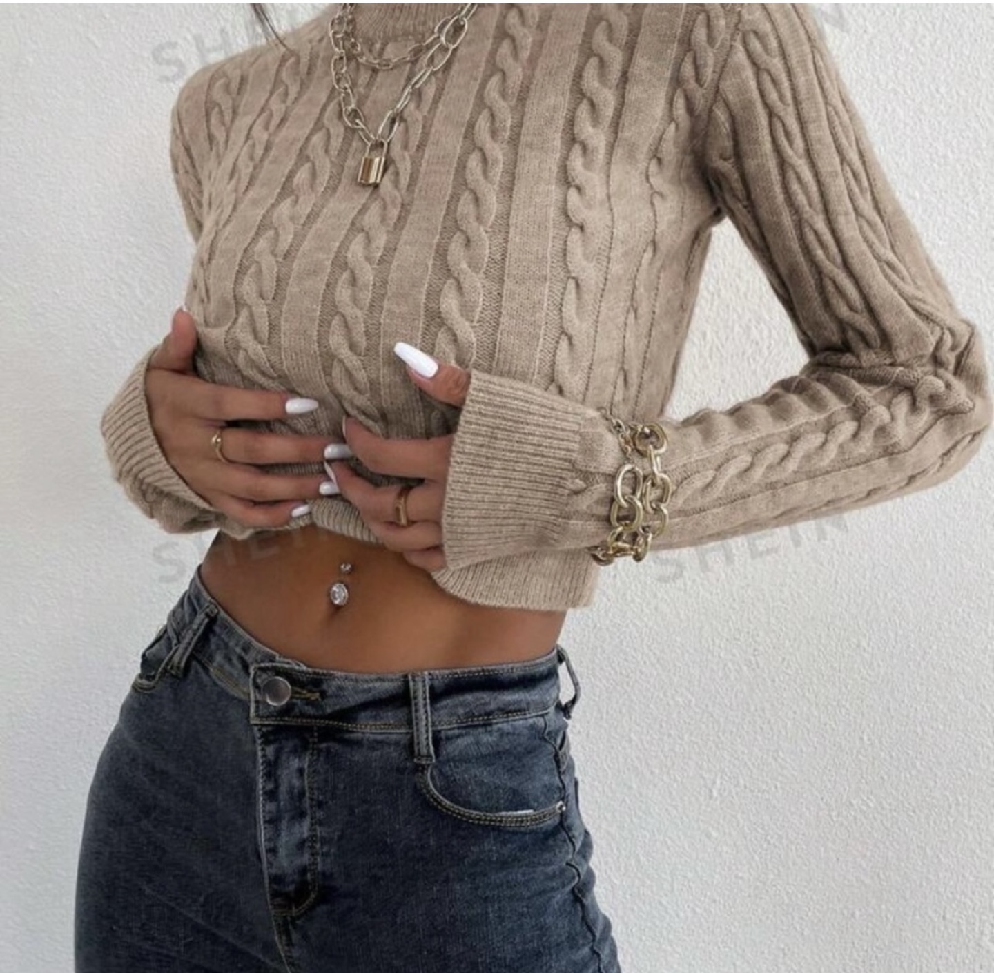 Tan Cable Knit Crop Sweater - photo 2