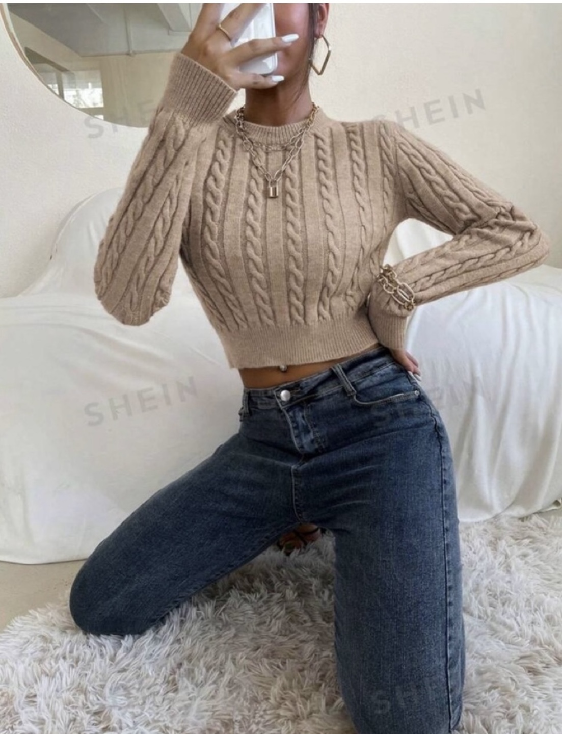 Tan Cable Knit Crop Sweater