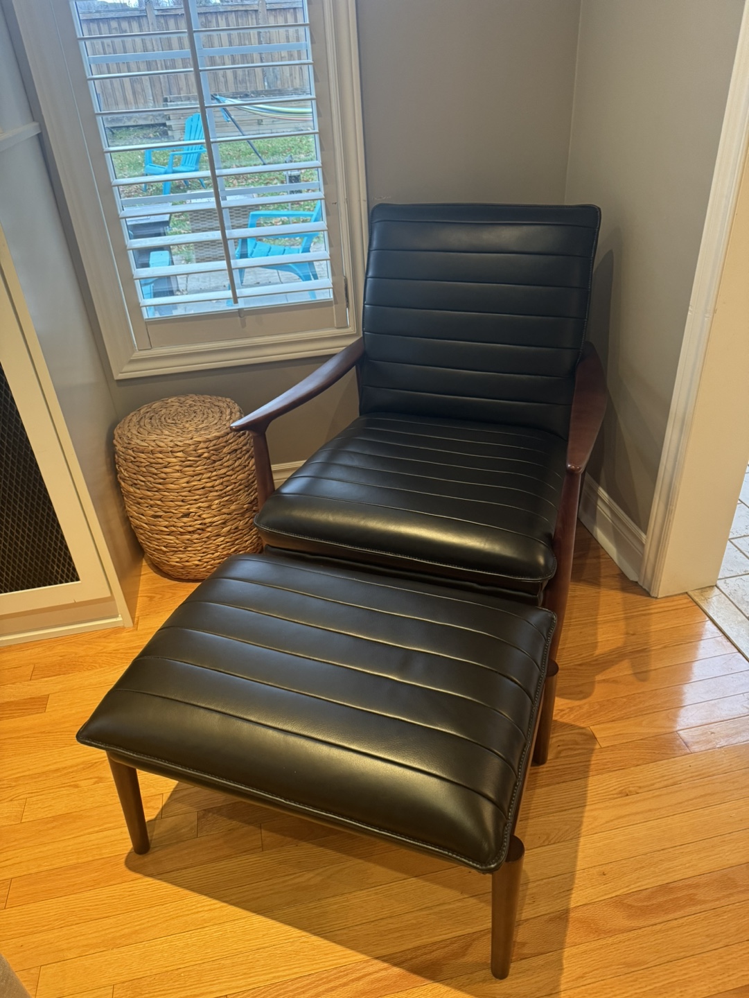 Reduced! Scandinavian Black Leather Armchair with Ottoman