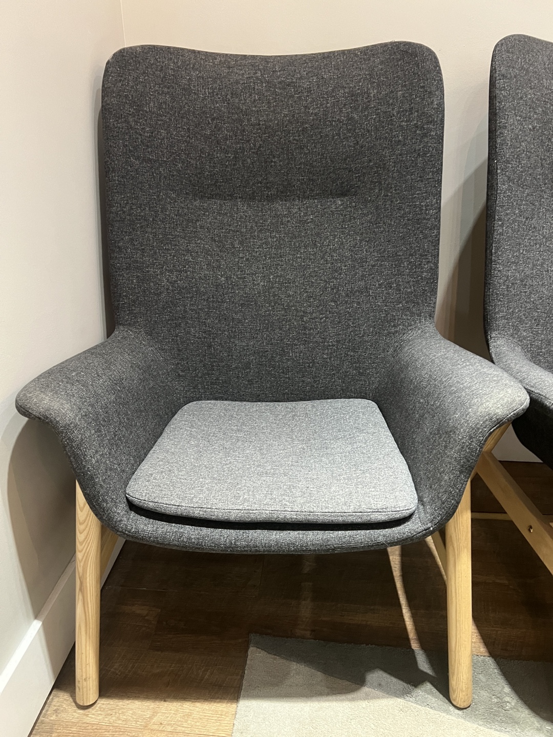 IKEA Vedbo Grey Fabric Armchair with Wooden Legs