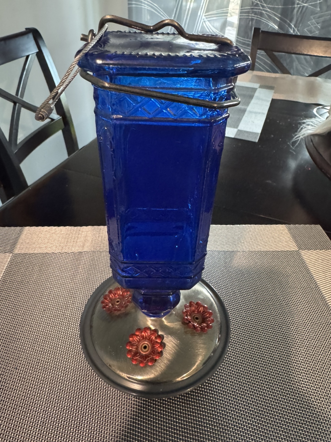 Blue Glass Hummingbird Feeder