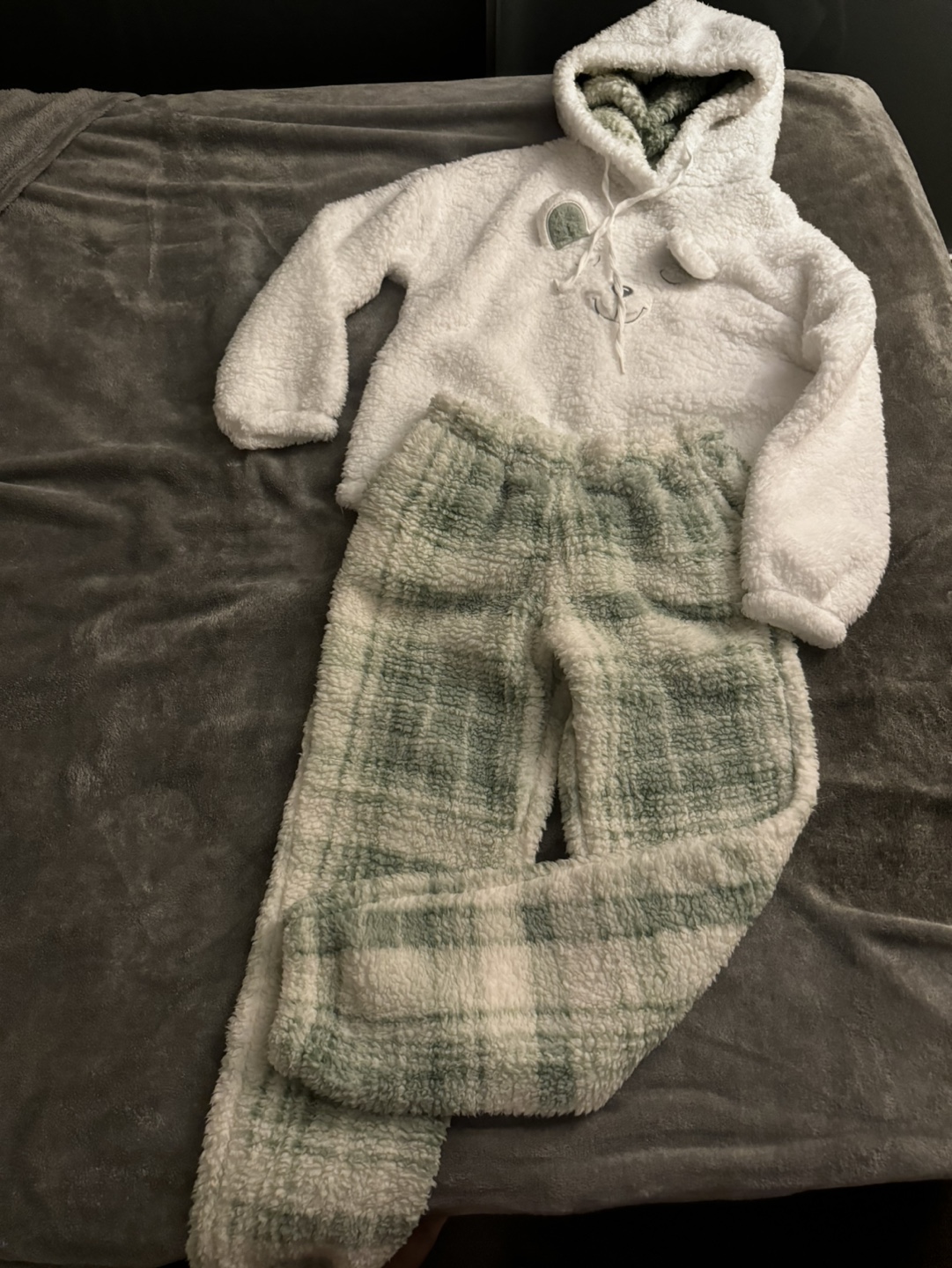 White and Green Plush Pajama Set