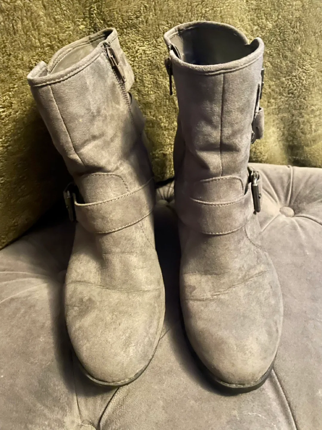 Grey Buckle Wedge Booties
