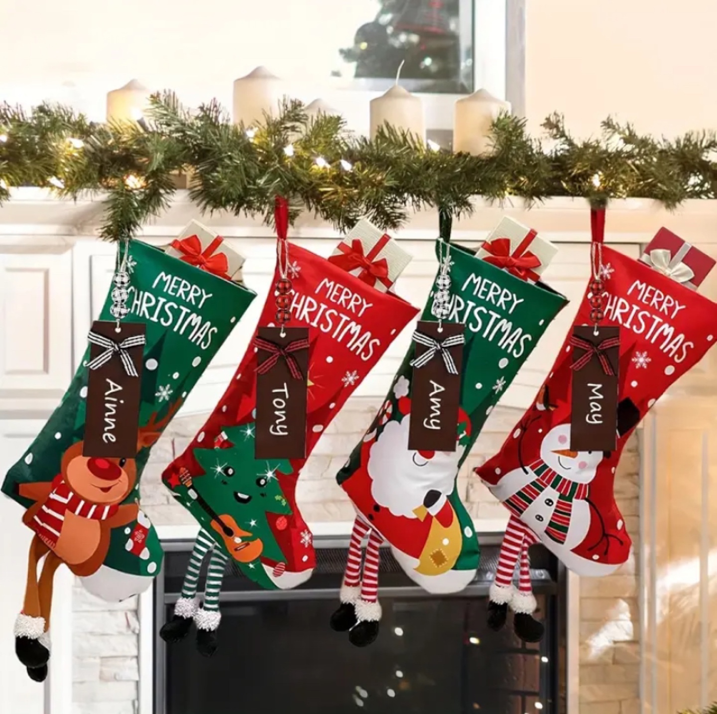 4 Pack Christmas Stockings with Wooden Name Tags