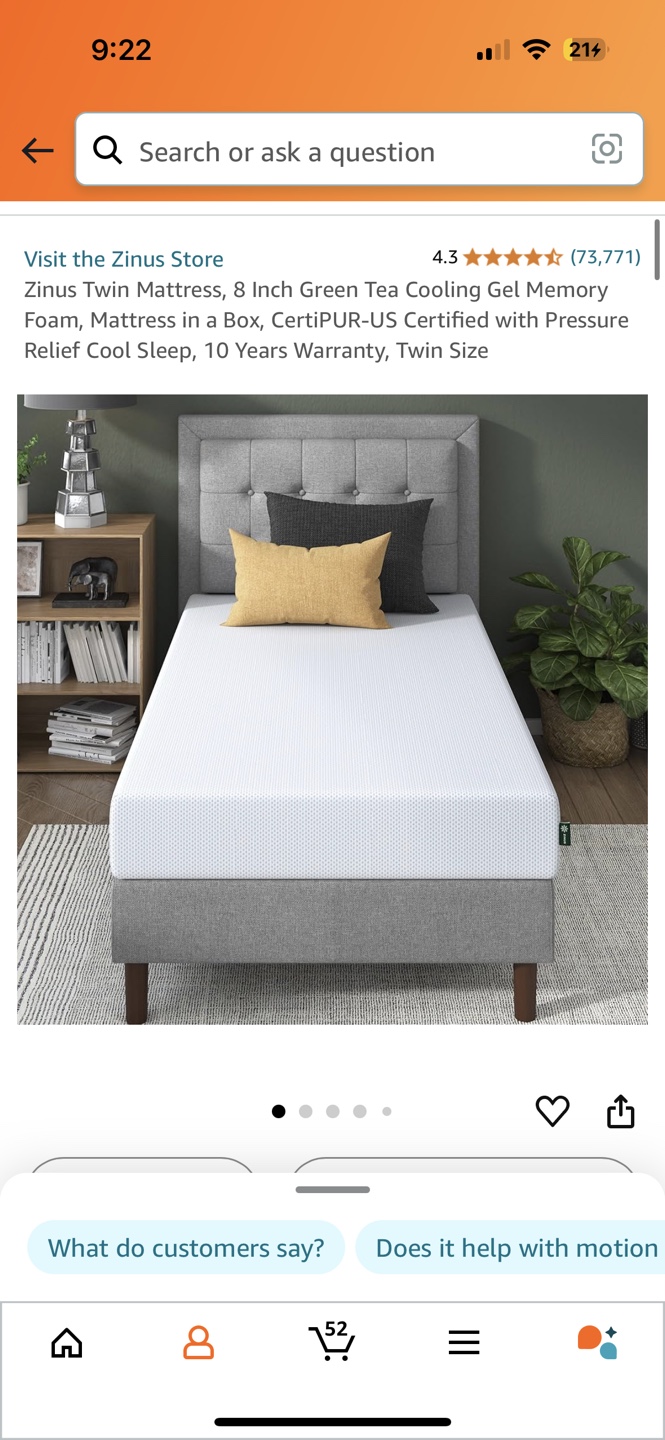 Zinus 8 Inch Green Tea Memory Foam Mattress