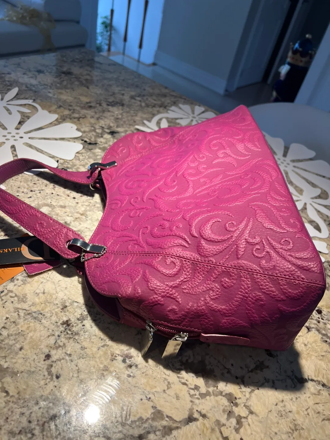 New Lilac Leather Handbag. Dilaks embossed design! image indicator(3)