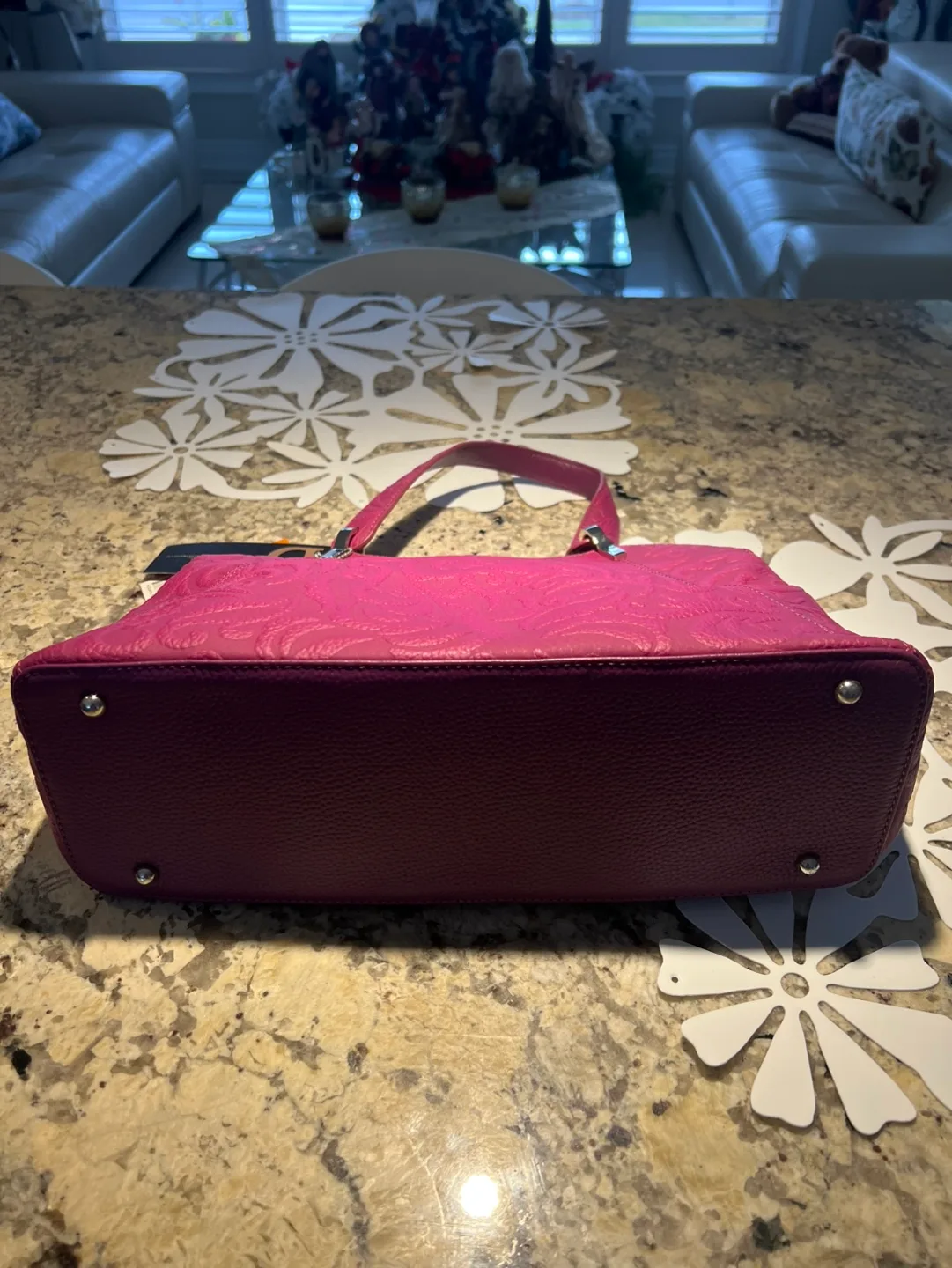 New Lilac Leather Handbag. Dilaks embossed design! image indicator(2)