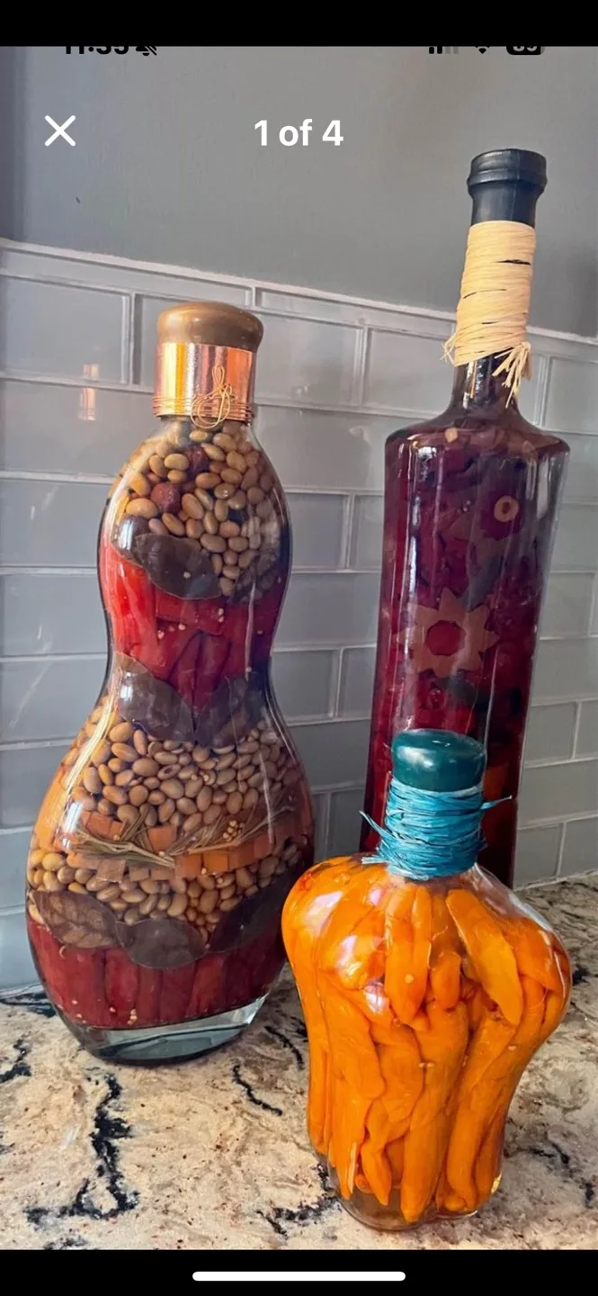 Set of 3 Decorative Glass Bottles with Peppers