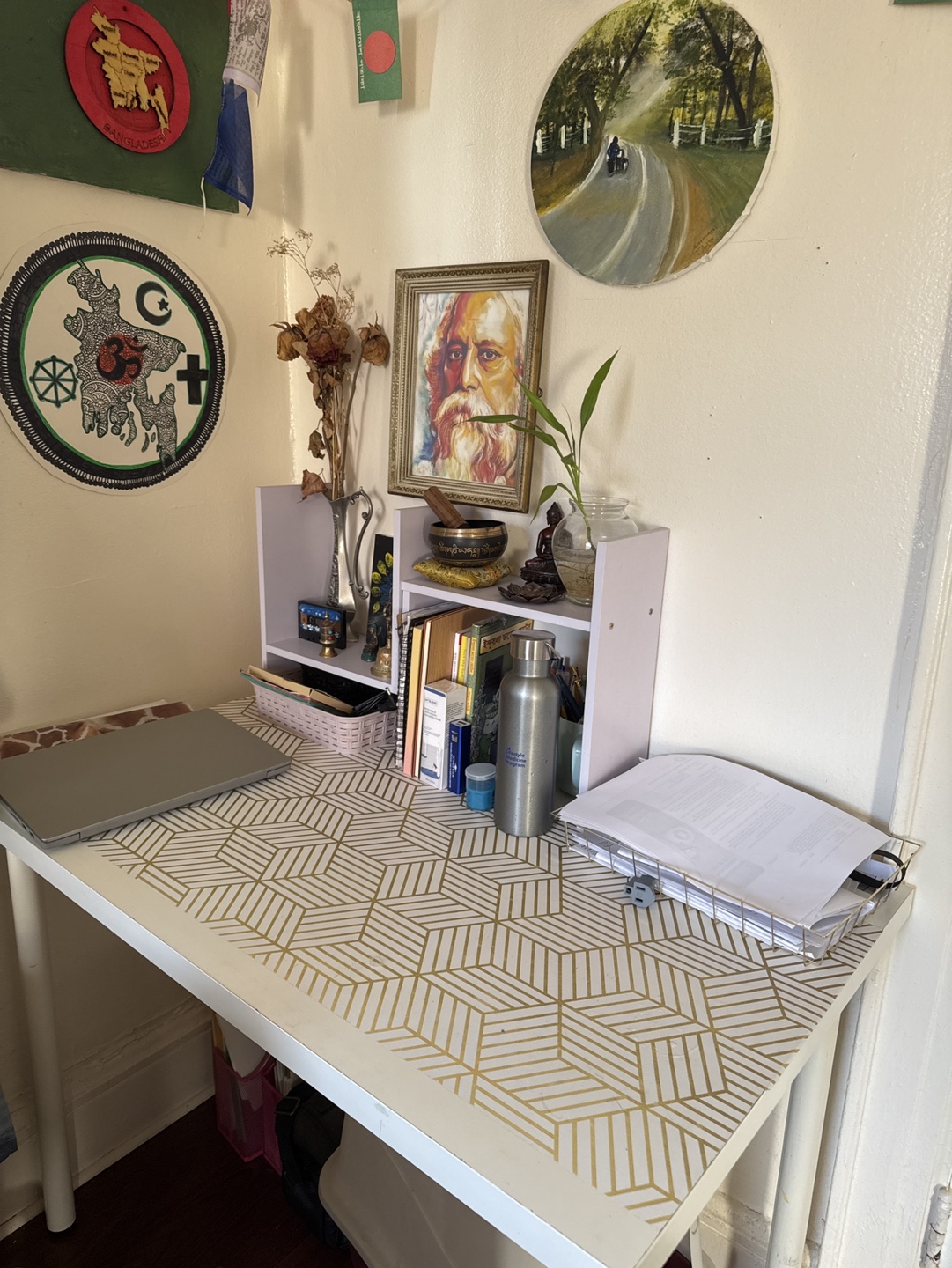 White Desk with Gold Geometric Pattern