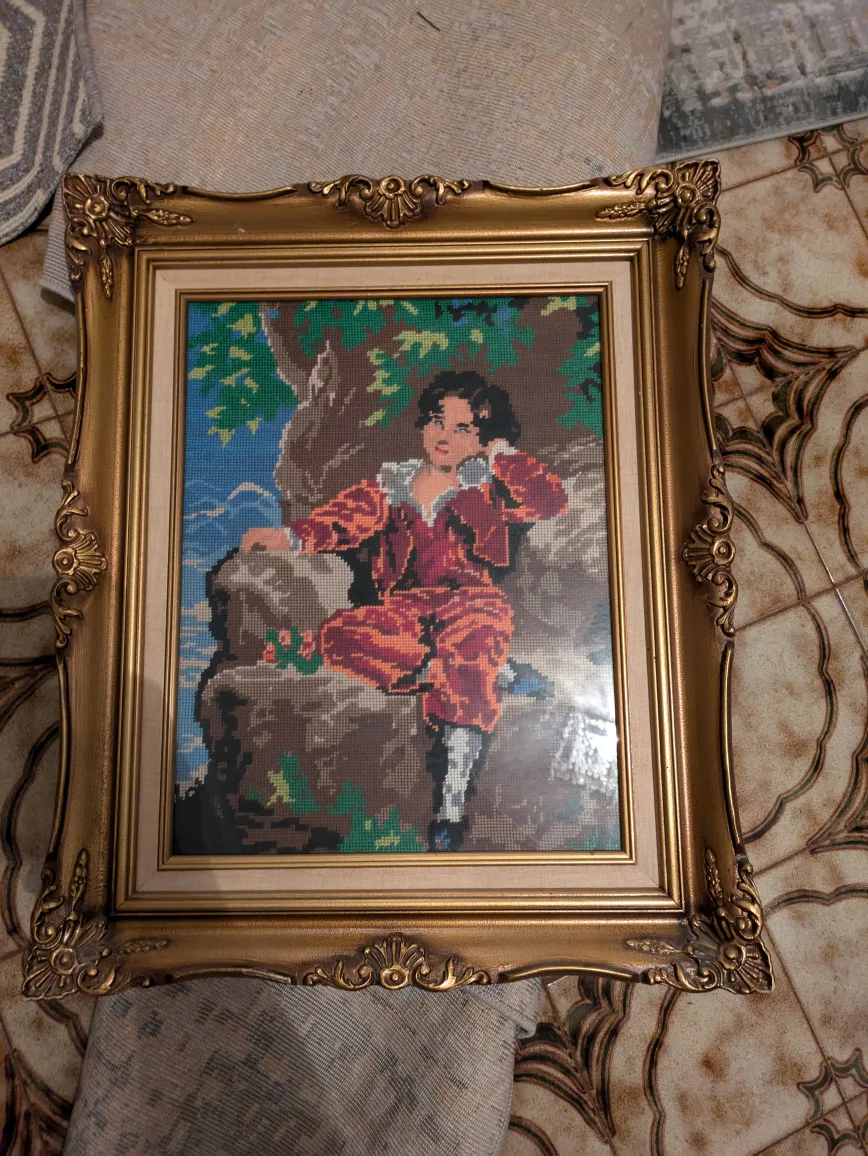 Vintage needlepoint framed artwork thumbnail