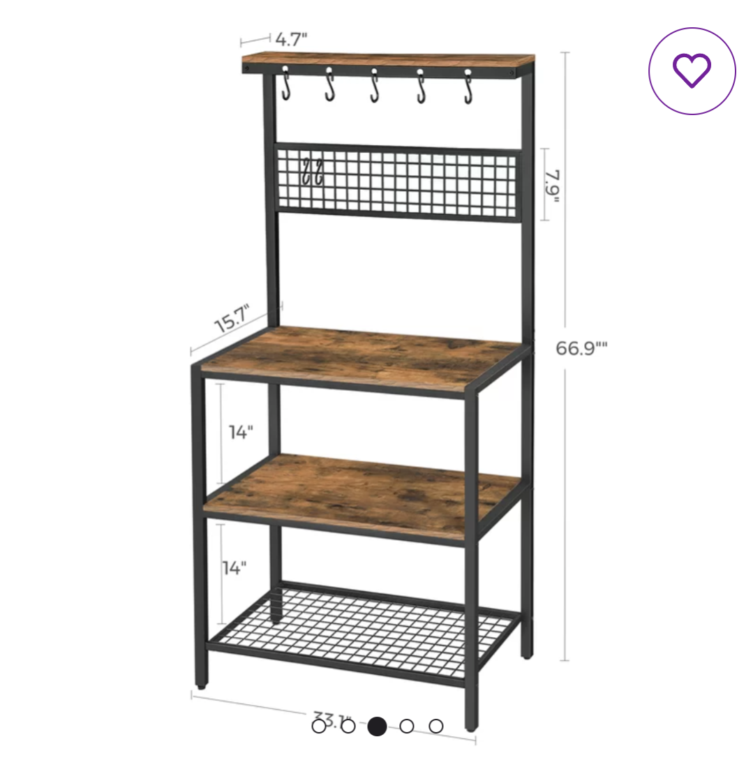 Kitchen Baker's Rack with 3 Shelves and Hooks