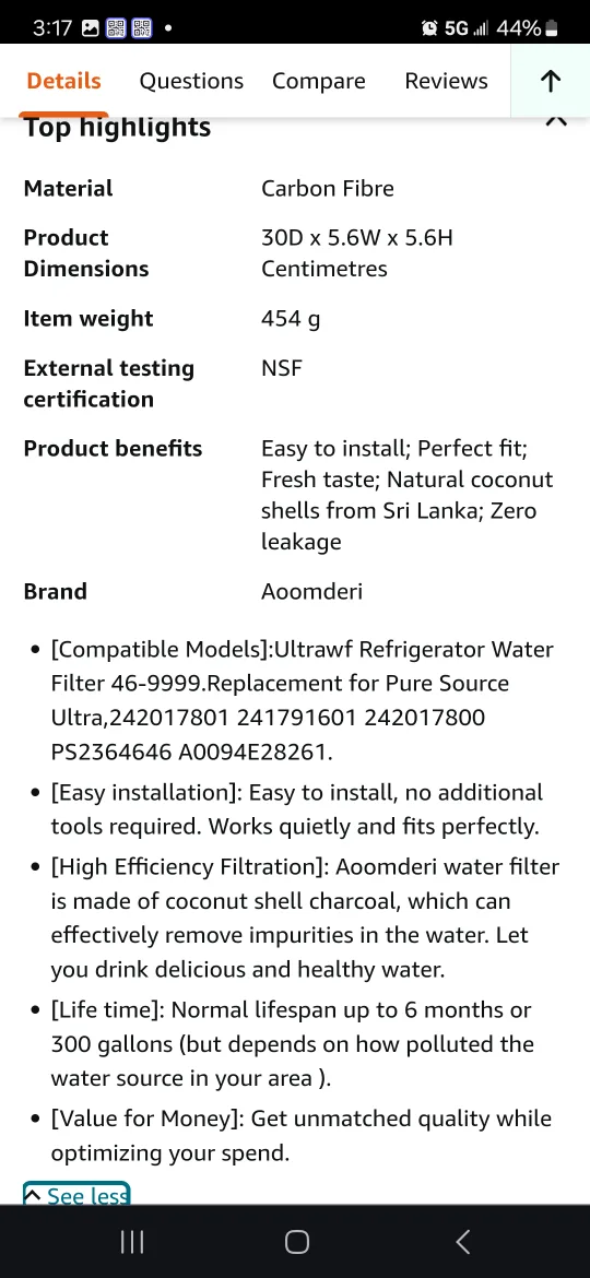 Aoomderi Ultrawf 46-9999 Pure Source  Frigidaire Water Filter 3 image indicator(4)