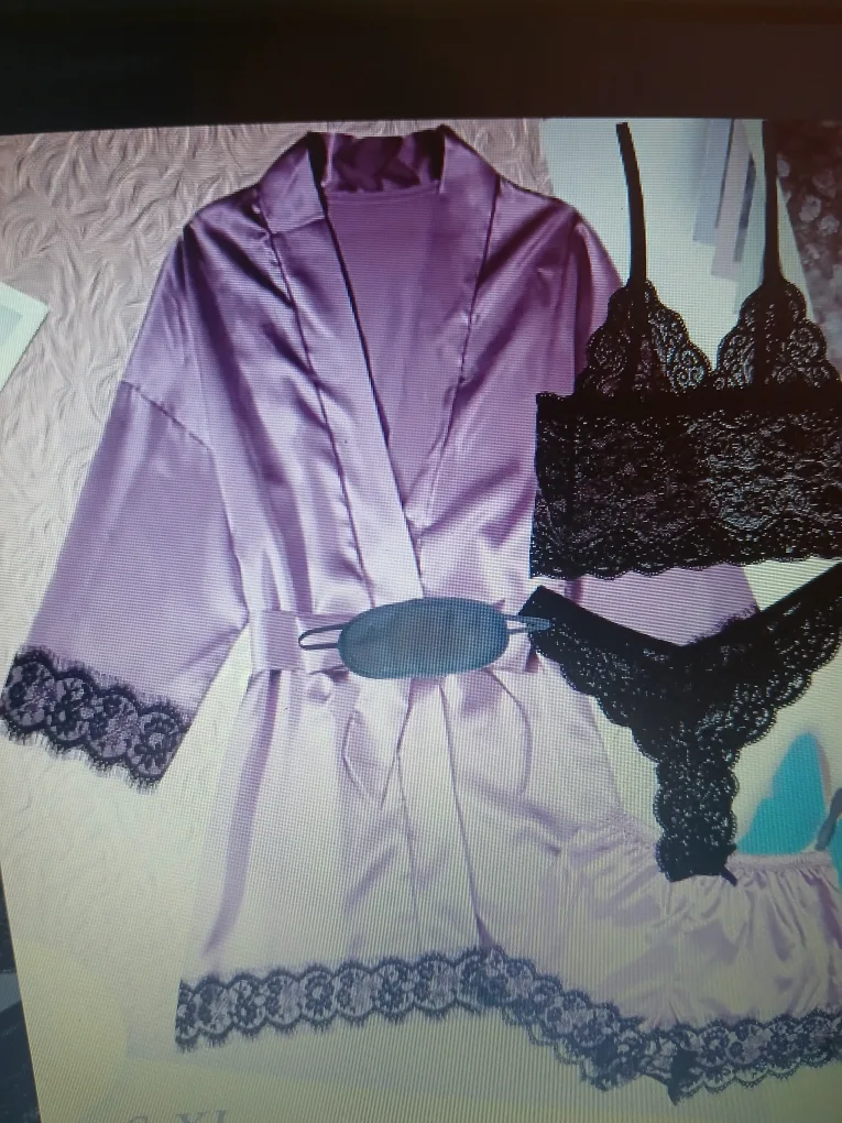 Elegant floral lace satin lounge set thumbnail