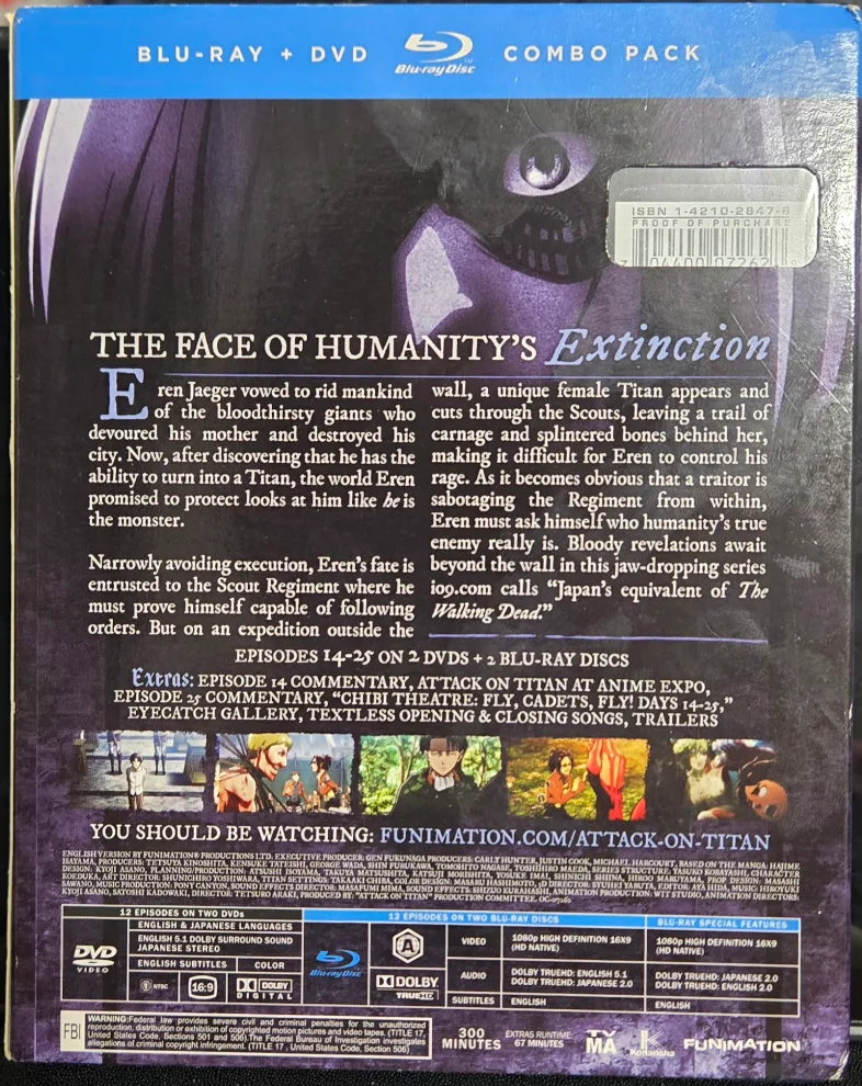 Attack on Titan Season 1 Part 2 Blu-ray + DVD Combo Pack image indicator(2)