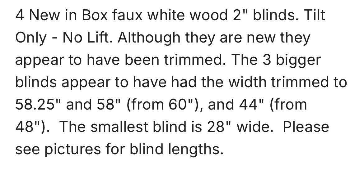4 New Faux Wood Blinds 2" Tilt Only - 58.25", 58", 44", 28’ - photo 4