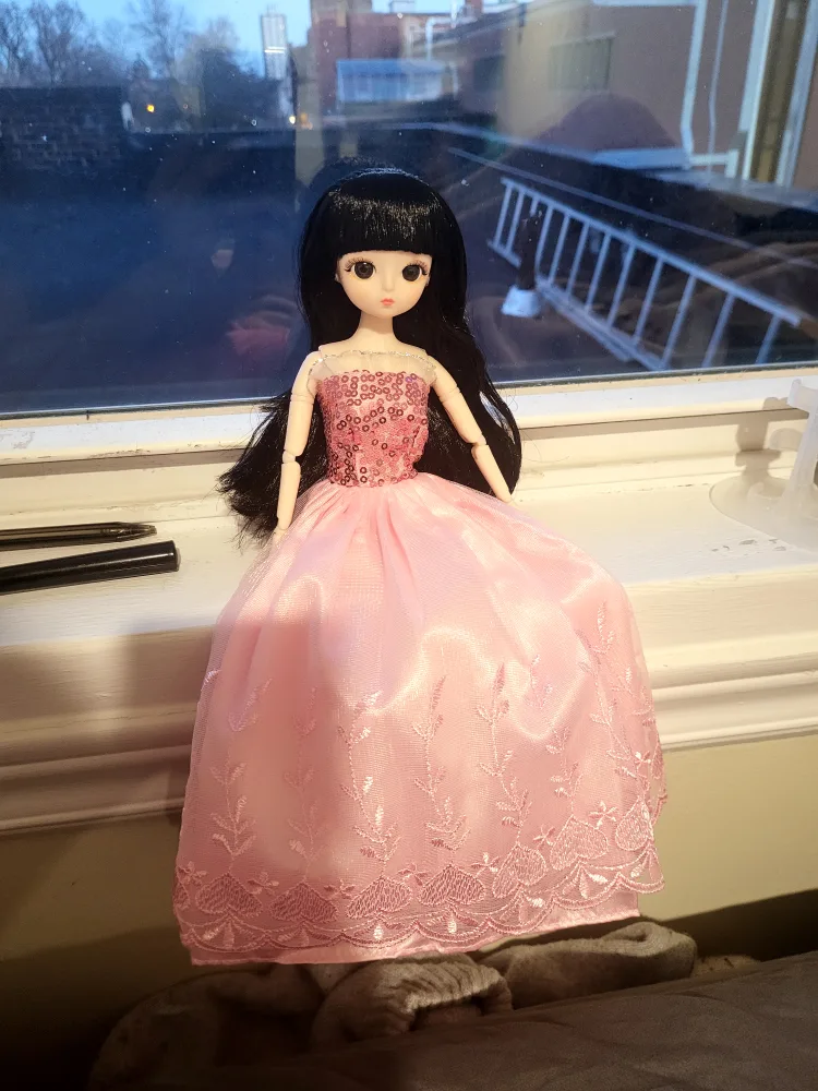 ANIME DOLL + SEQUINS PINK DRESS - HAS GLASS EYES & BLACK HAIR image indicator(2)