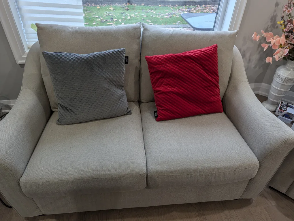 Sofa - grey colored three piece; includes 4 grey 2 red cushions image indicator(2)