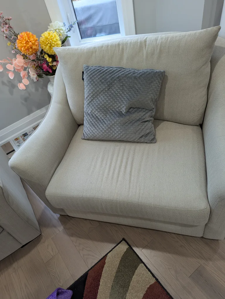 Sofa - grey colored three piece; includes 4 grey 2 red cushions image indicator(3)