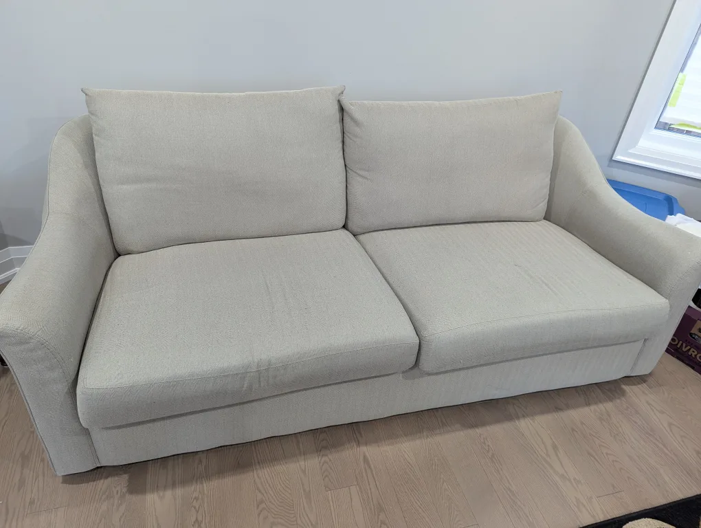 Sofa - grey colored three piece; includes 4 grey 2 red cushions image indicator(4)