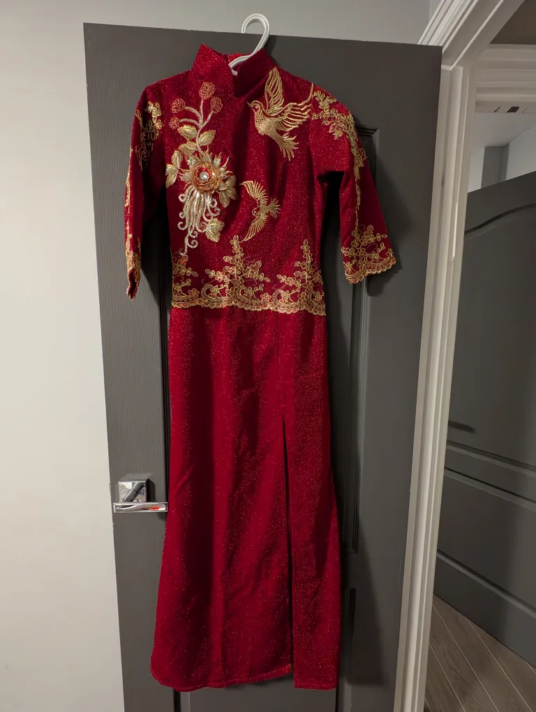 Red Chinese Dress with Gold Embroidery image indicator(2)