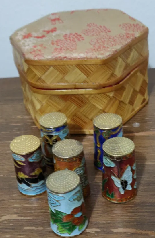 Vintage Cloisonné Thimble Set with Box thumbnail